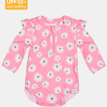 Pink children's swimsuit with daisy pattern and UPF 50+ label on a white background