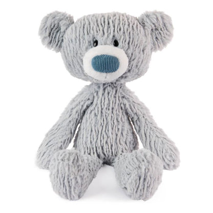 Gray teddy bear with a blue nose on a white background