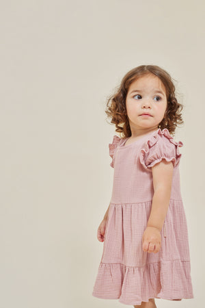 Aster and Oak Muslin Ruffle Cotton Dress - Pink