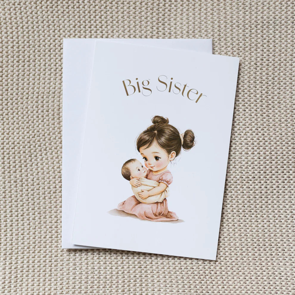 Card for a big sister with an illustration of a girl holding a baby on a textured beige background