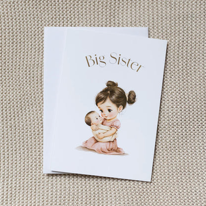 Card for a big sister with an illustration of a girl holding a baby on a textured beige background