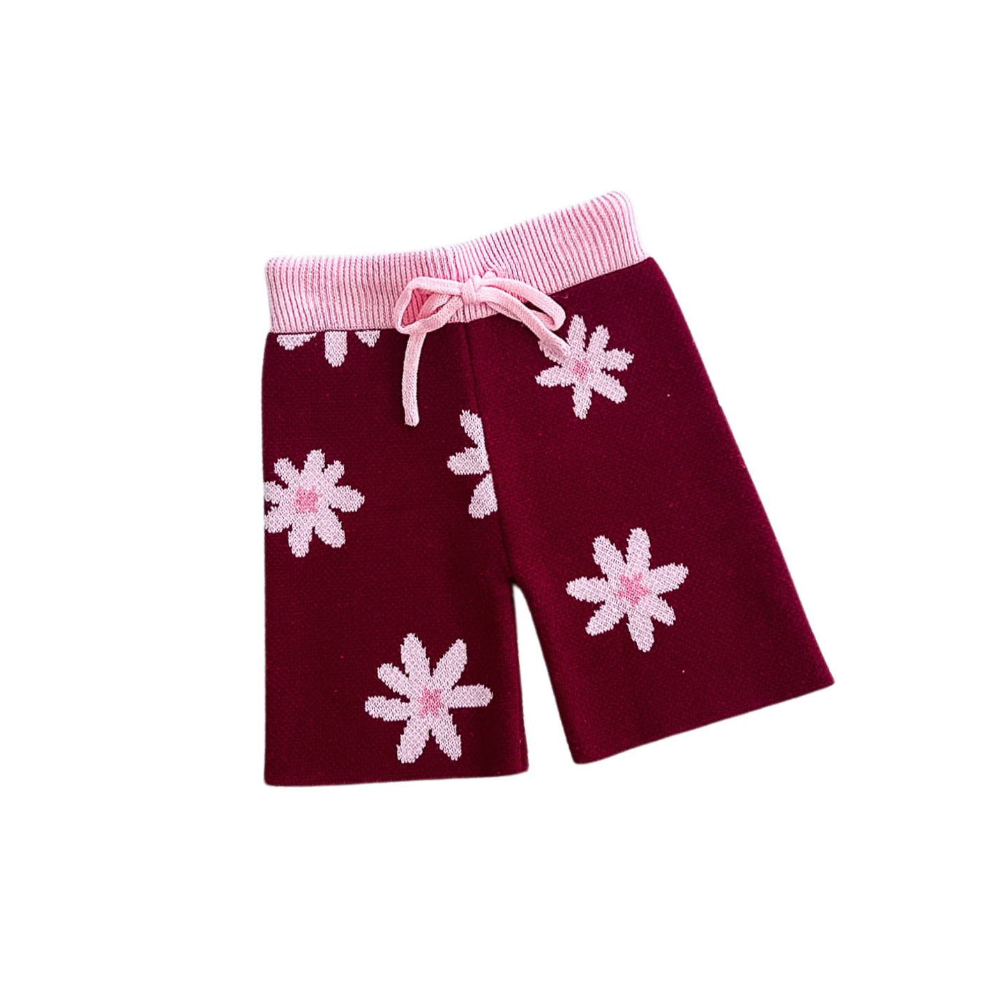 Maroon shorts with pink floral patterns on a white background