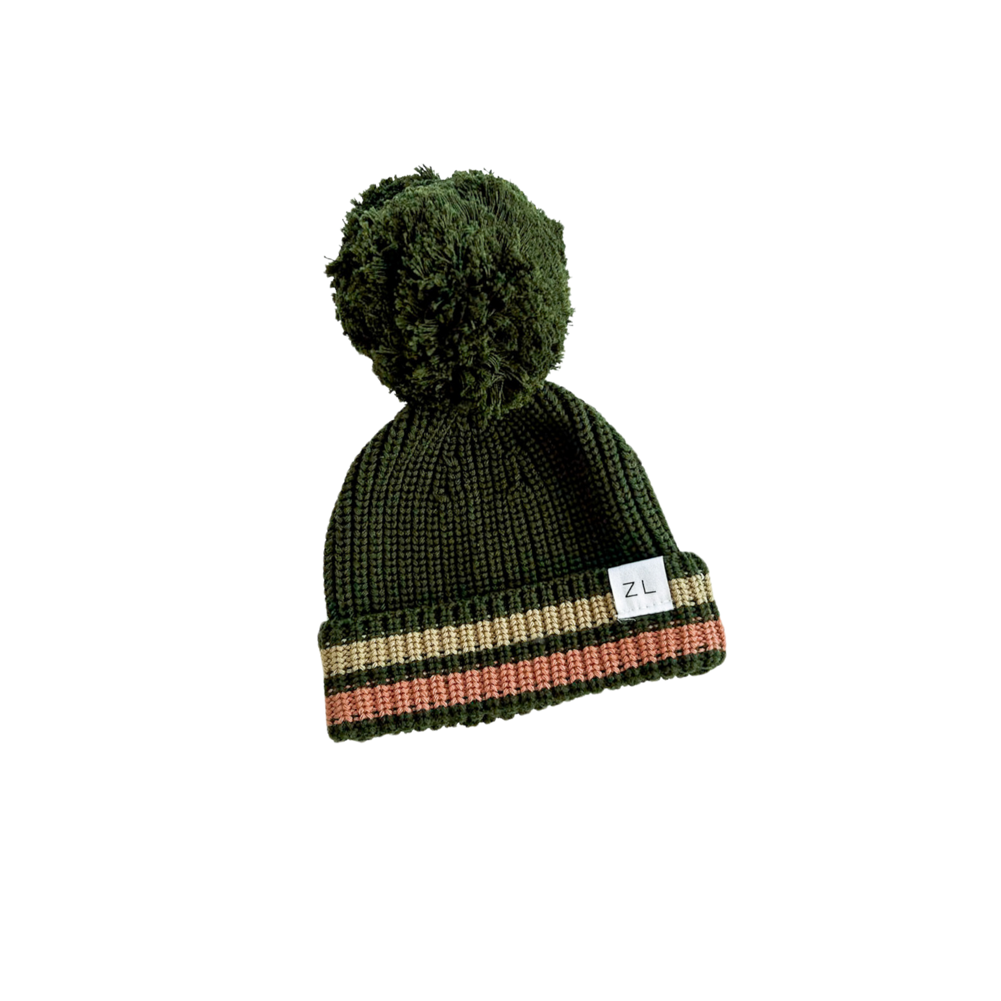 Green knit beanie with a pom-pom and colorful stripe on a white background