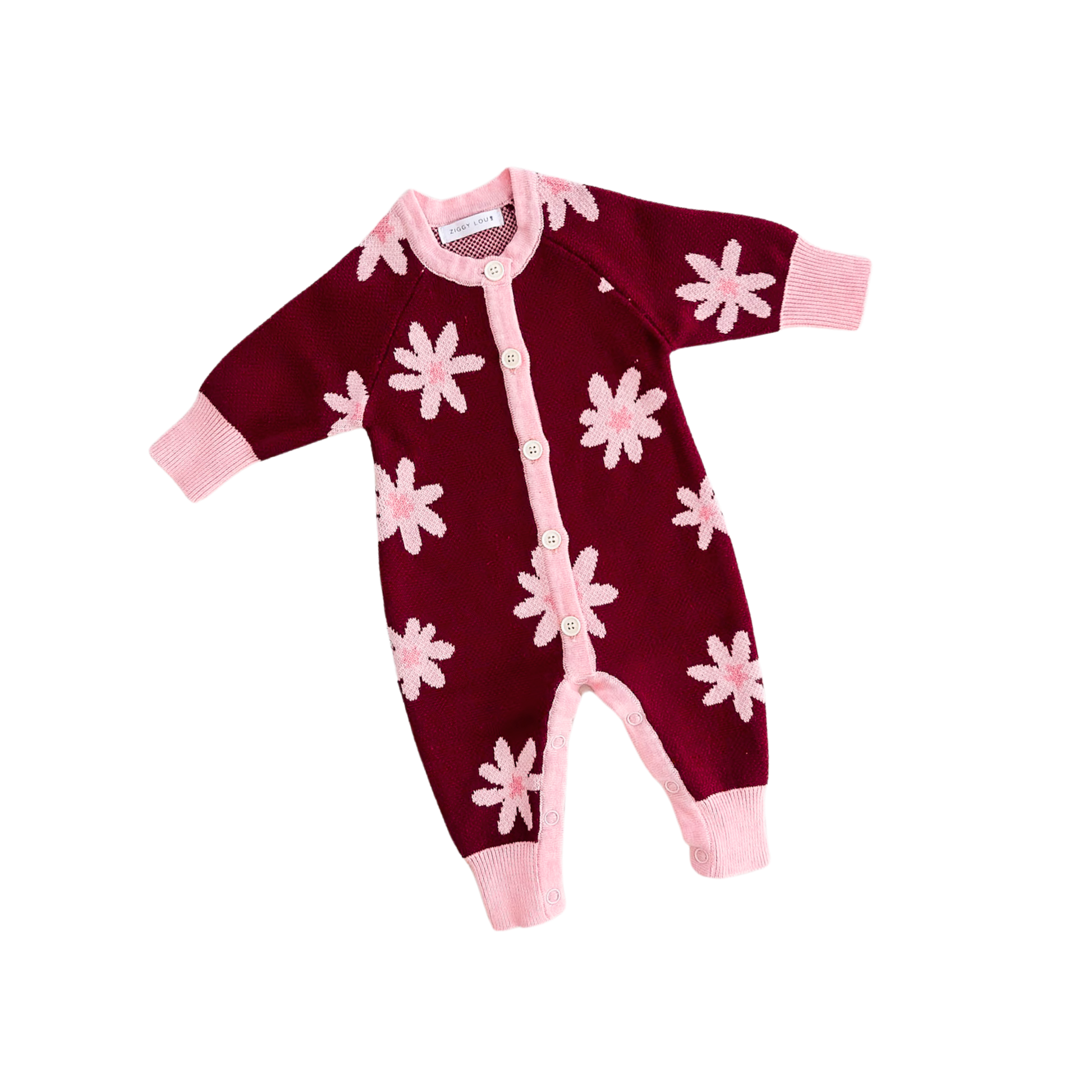 Maroon baby onesie with pink flower patterns on a white background