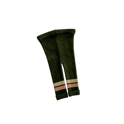 Green knee-high socks with pink and beige stripes on a white background