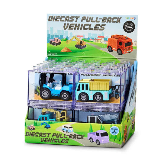 Display box of diecast pull-back vehicles with toy cars and trucks on a white background