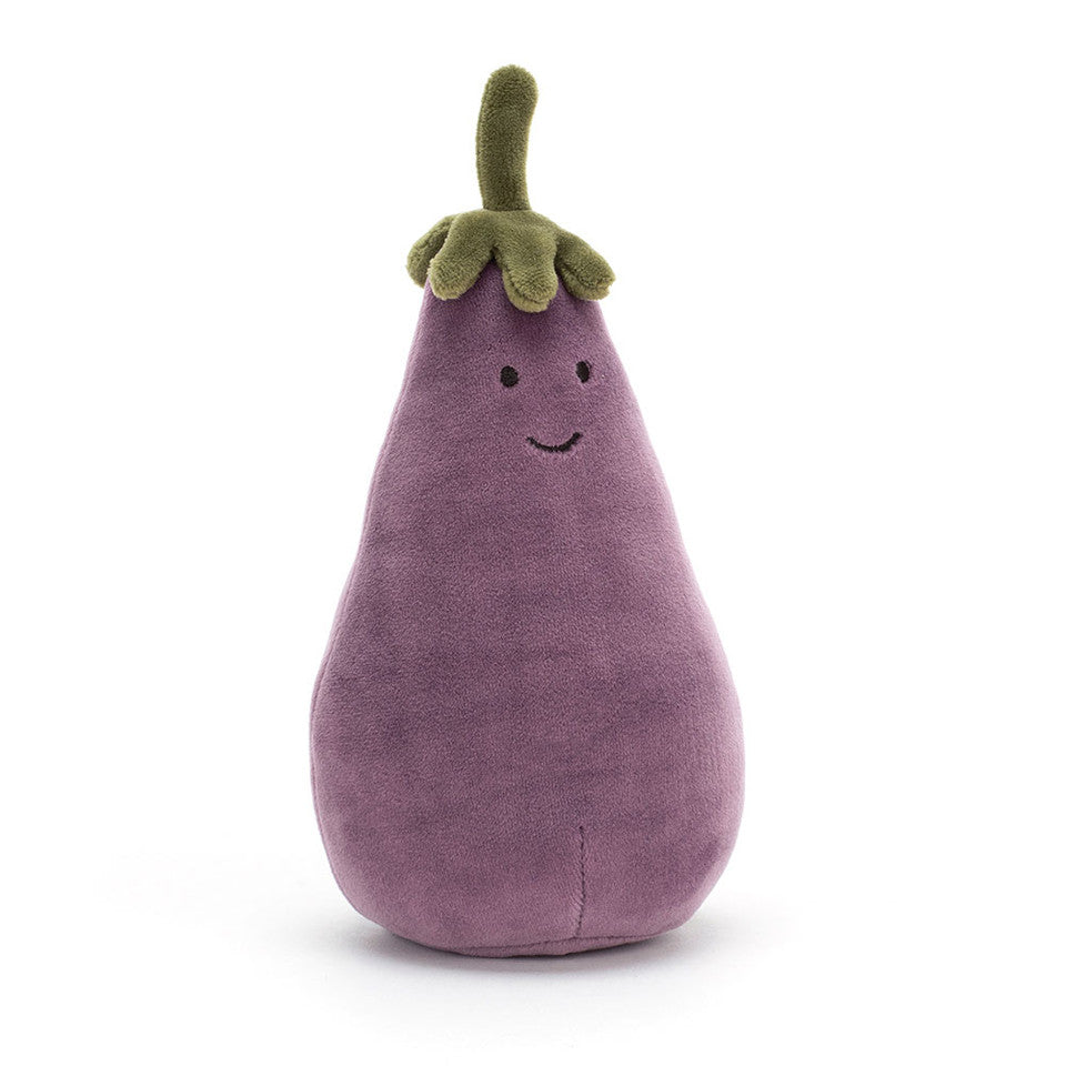 Plush toy shaped like an eggplant on a white background