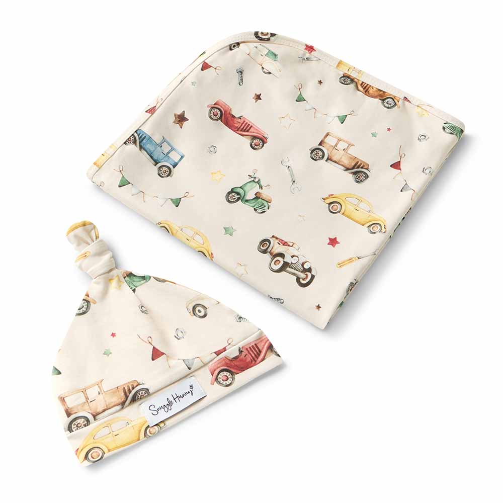 Snuggle Hunny Jersey Wrap and Beanie Set - Vintage Cars