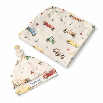 Snuggle Hunny Jersey Wrap and Beanie Set - Vintage Cars