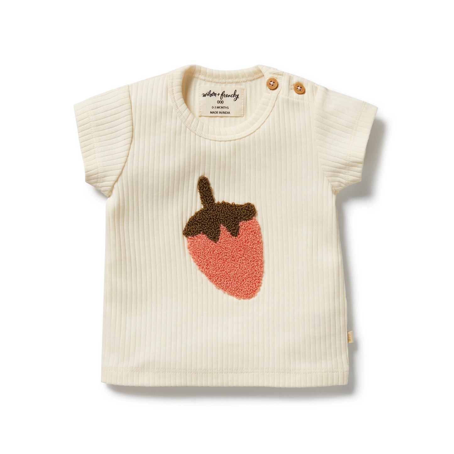 Baby vest with strawberry design on a white background