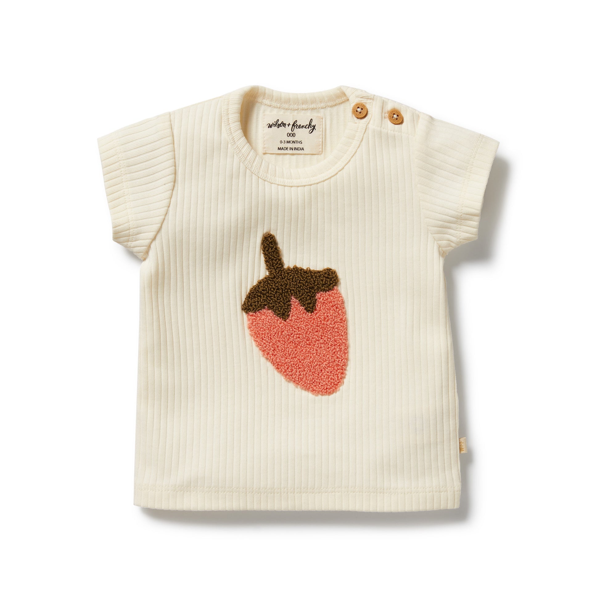 Baby vest with strawberry design on a white background