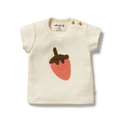 Baby vest with strawberry design on a white background