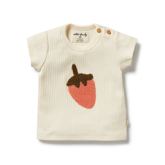 Baby vest with strawberry design on a white background