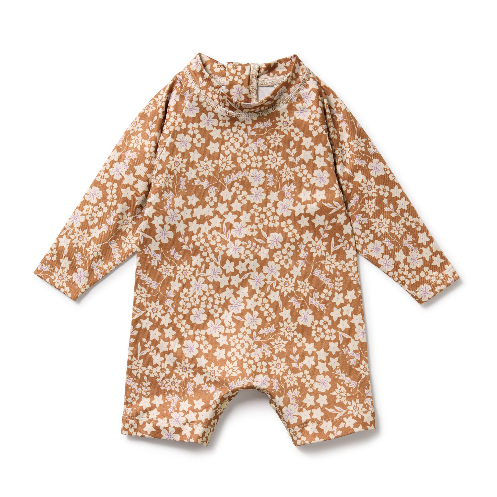Floral-patterned baby romper on a white background