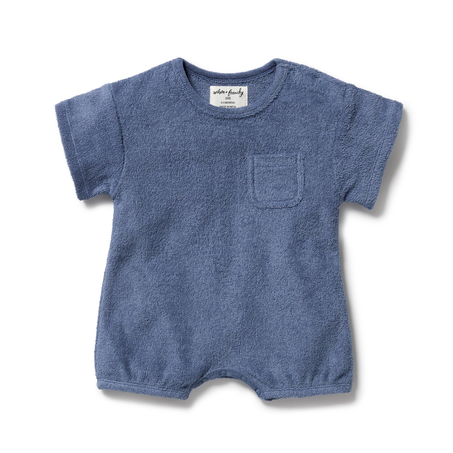 Blue baby romper with a pocket on a white background