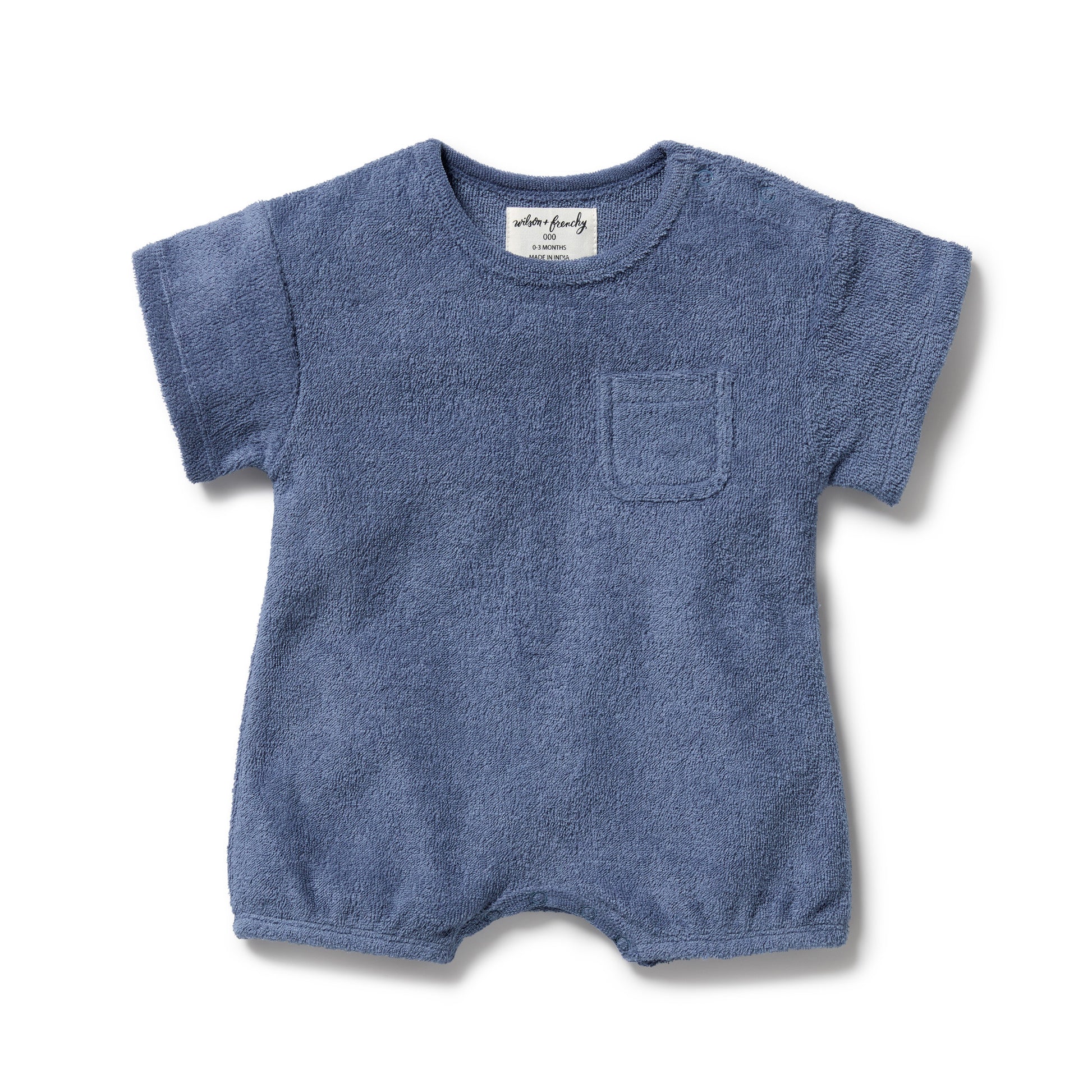 Blue baby romper with a pocket on a white background