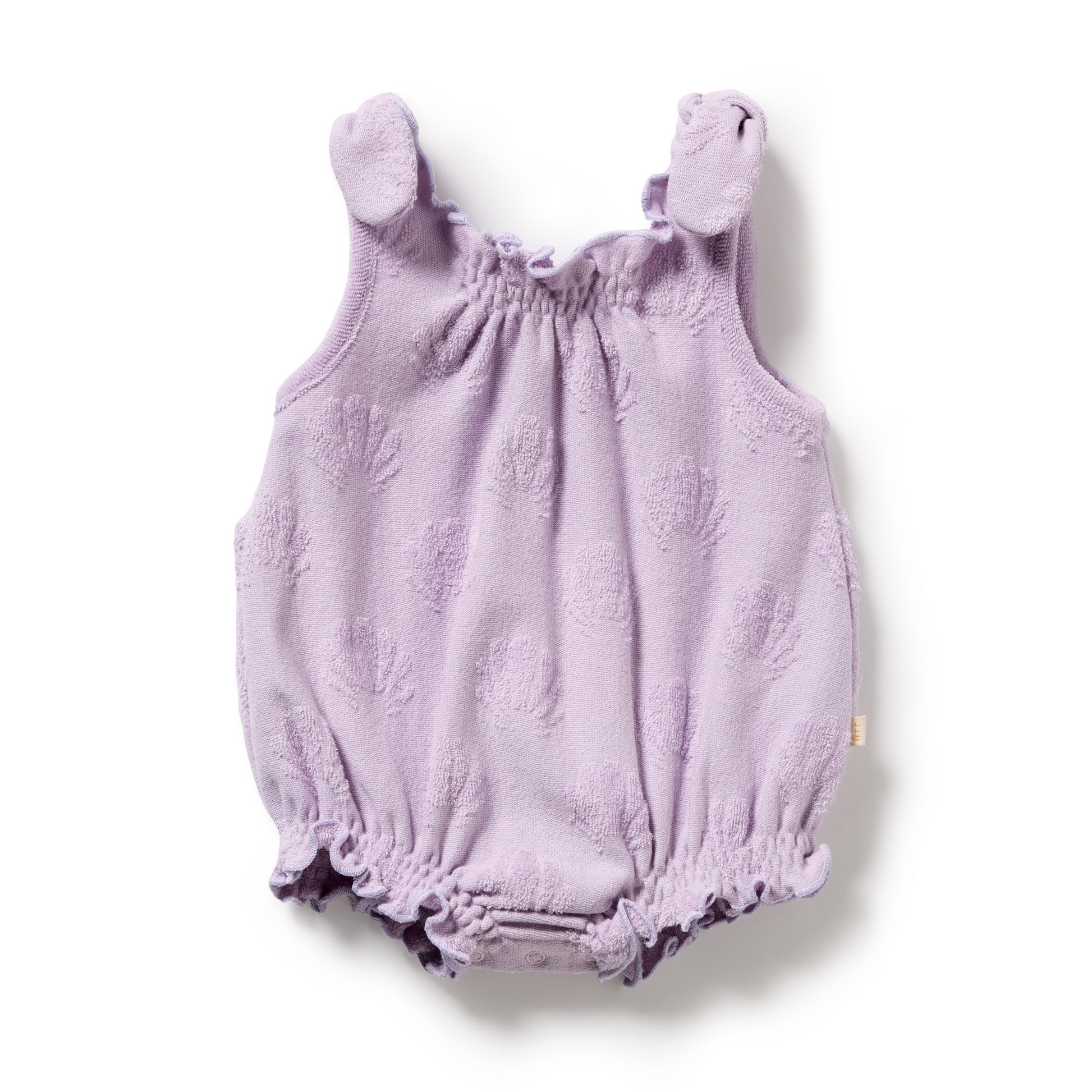 Purple baby romper with bear ears on a white background