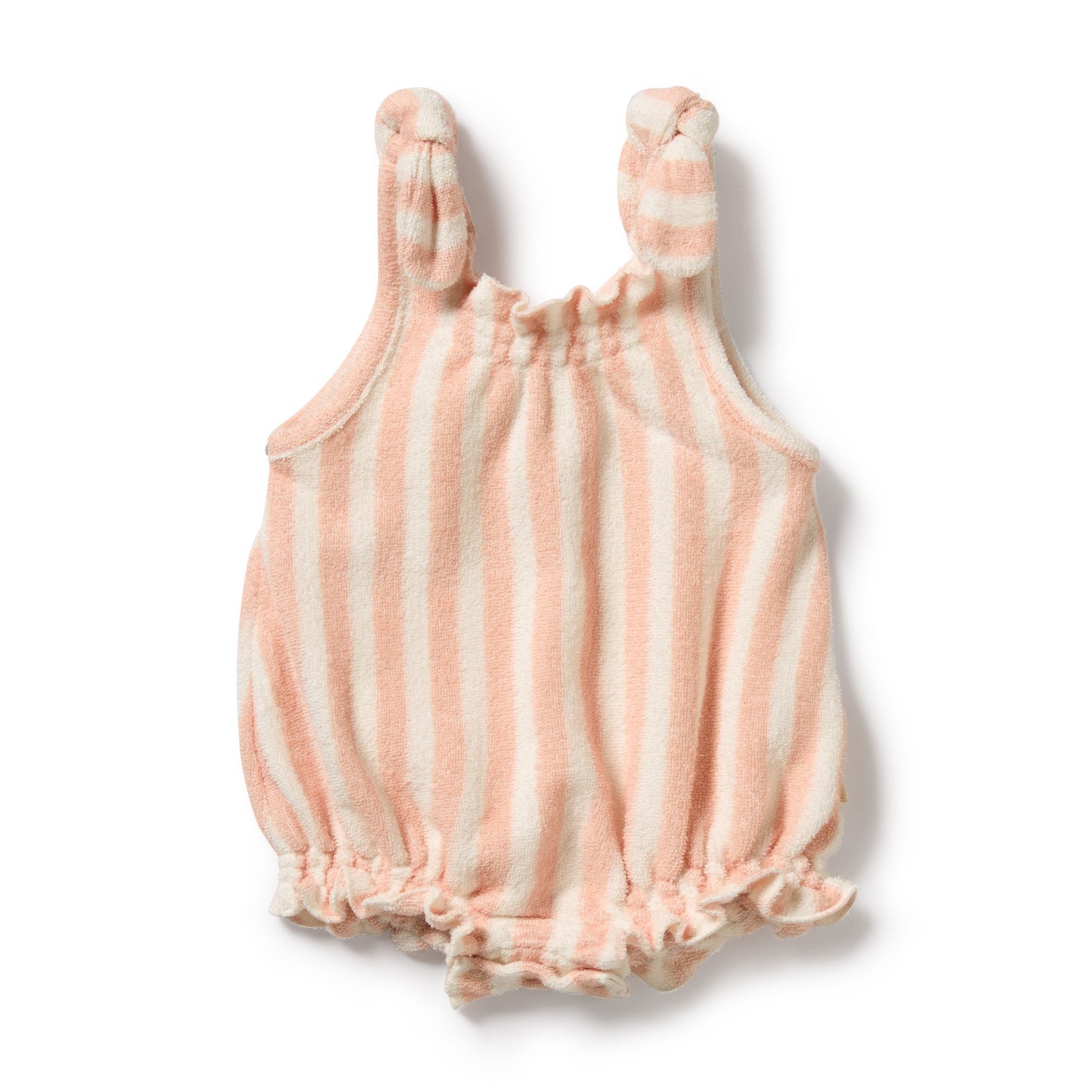 Pink and white striped baby romper with bow straps on a white background