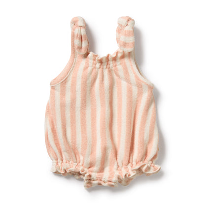 Pink and white striped baby romper with bow straps on a white background