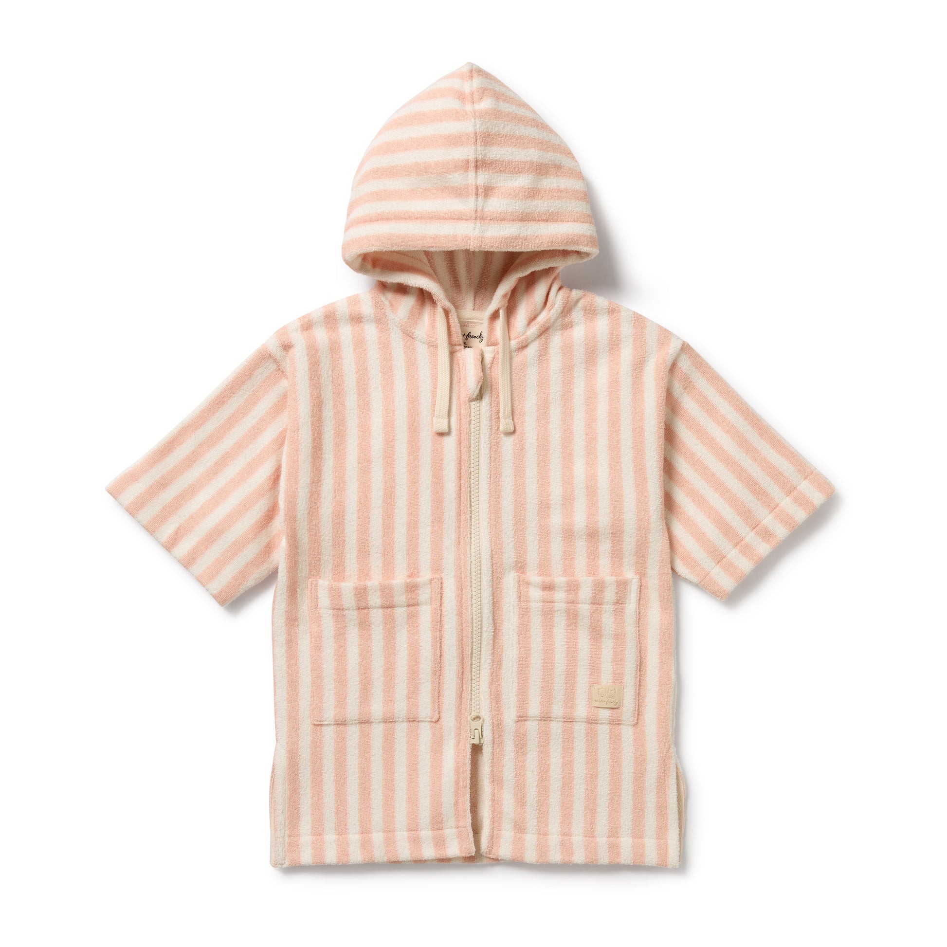 Pink and white striped hoodie on a white background