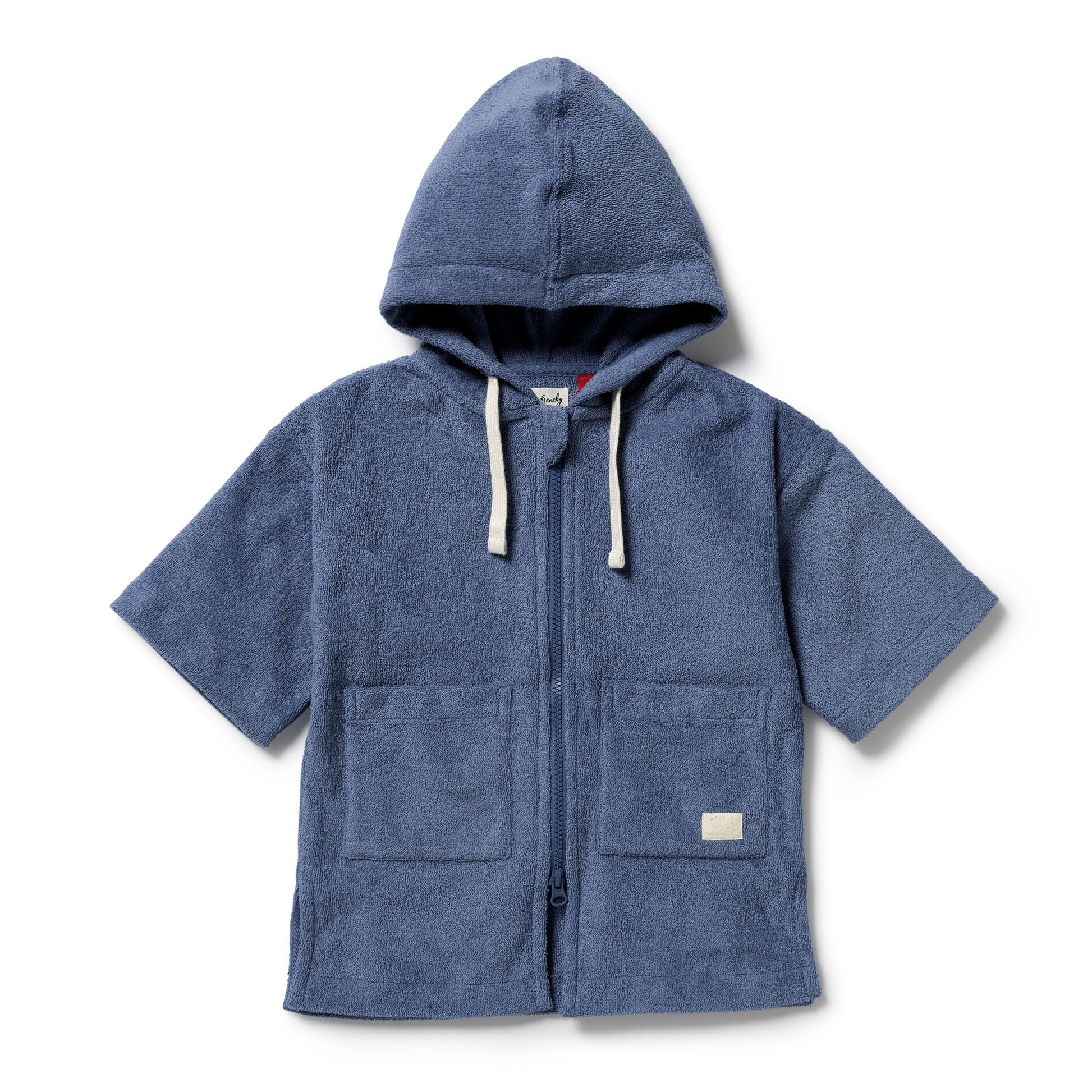 Blue hooded jacket with short sleeves on a white background