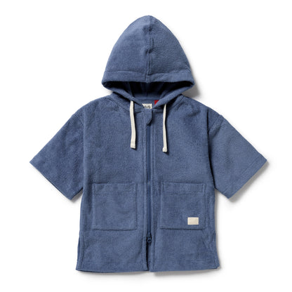 Blue hooded jacket with short sleeves on a white background