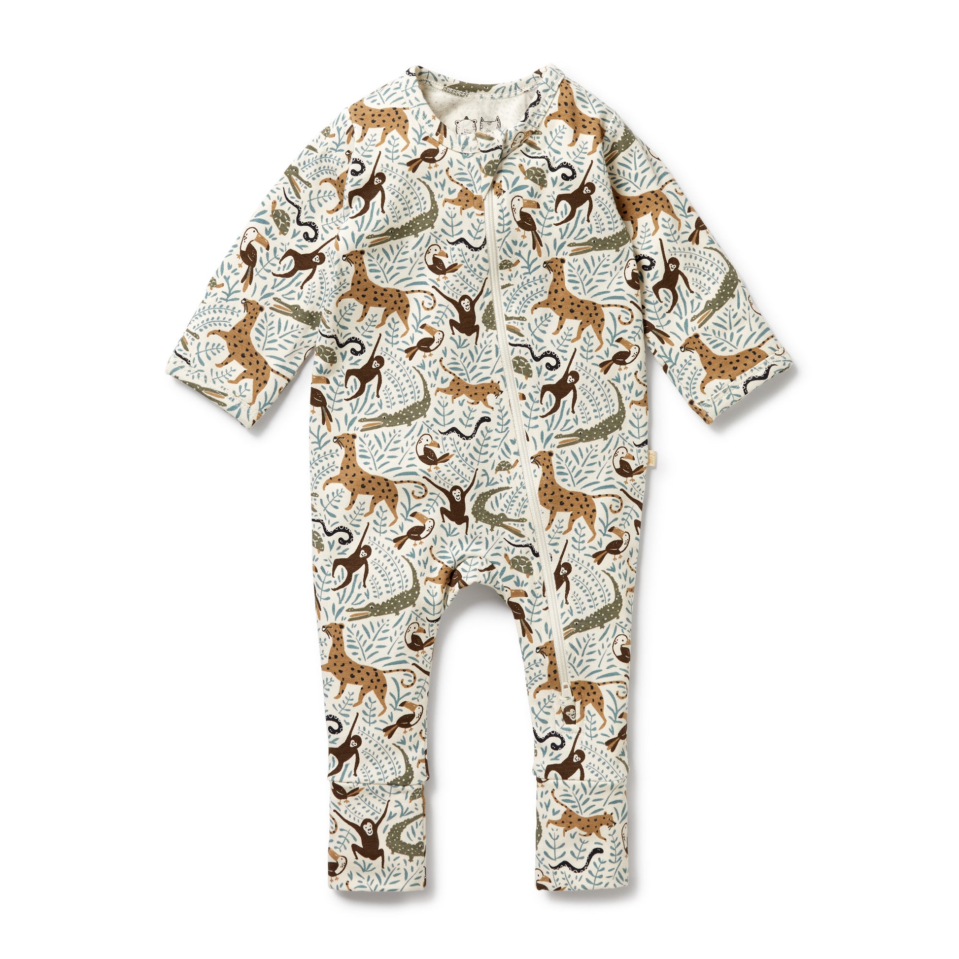 Baby onesie with animal pattern on a white background
