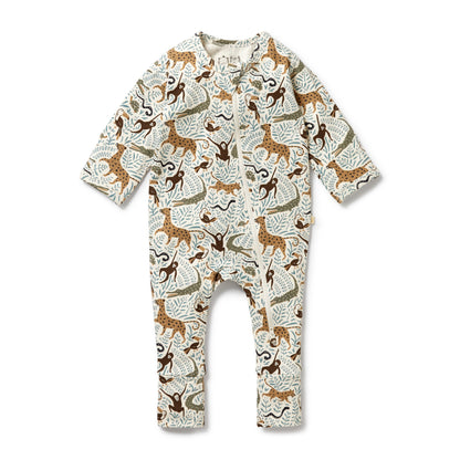 Baby onesie with animal pattern on a white background