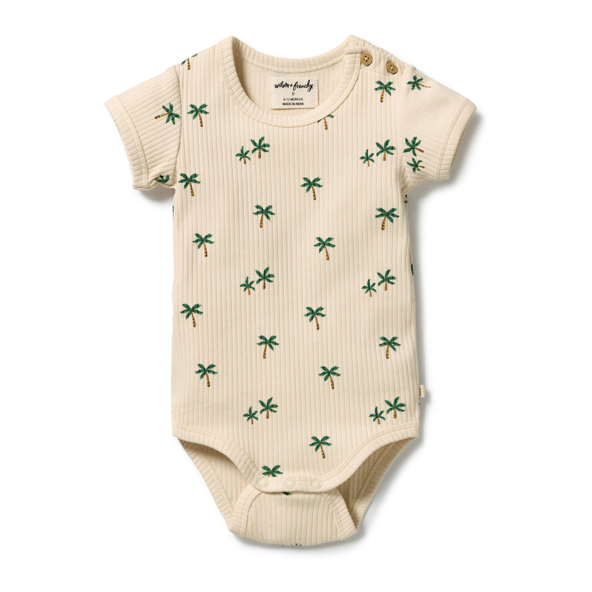 A short-sleeve cream ribbed bodysuit with a green palm tree pattern, featuring a visible 'urban family' brand label inside the collar.