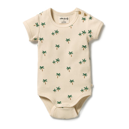 A short-sleeve cream ribbed bodysuit with a green palm tree pattern, featuring a visible 'urban family' brand label inside the collar.
