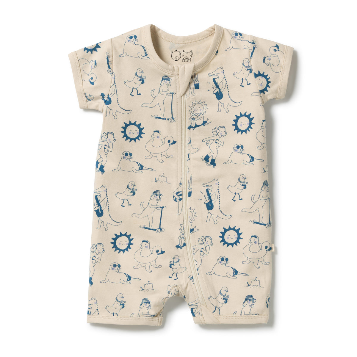 A short-sleeve baby romper in cream with a blue cartoon animal print, featuring a front zipper closure, laid flat on a white background.