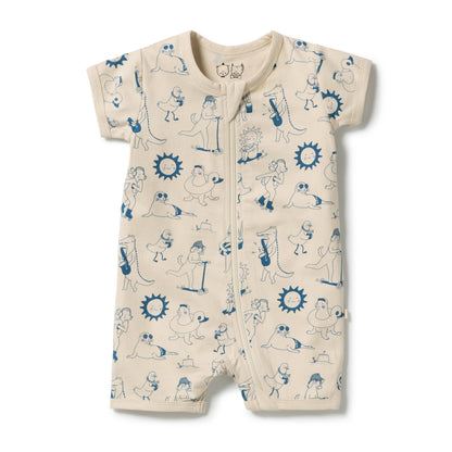 A short-sleeve baby romper in cream with a blue cartoon animal print, featuring a front zipper closure, laid flat on a white background.