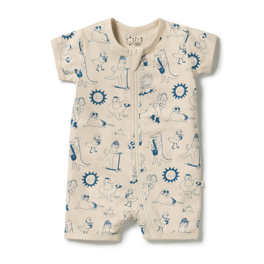 A short-sleeve baby romper in cream with a blue cartoon animal print, featuring a front zipper closure, laid flat on a white background.