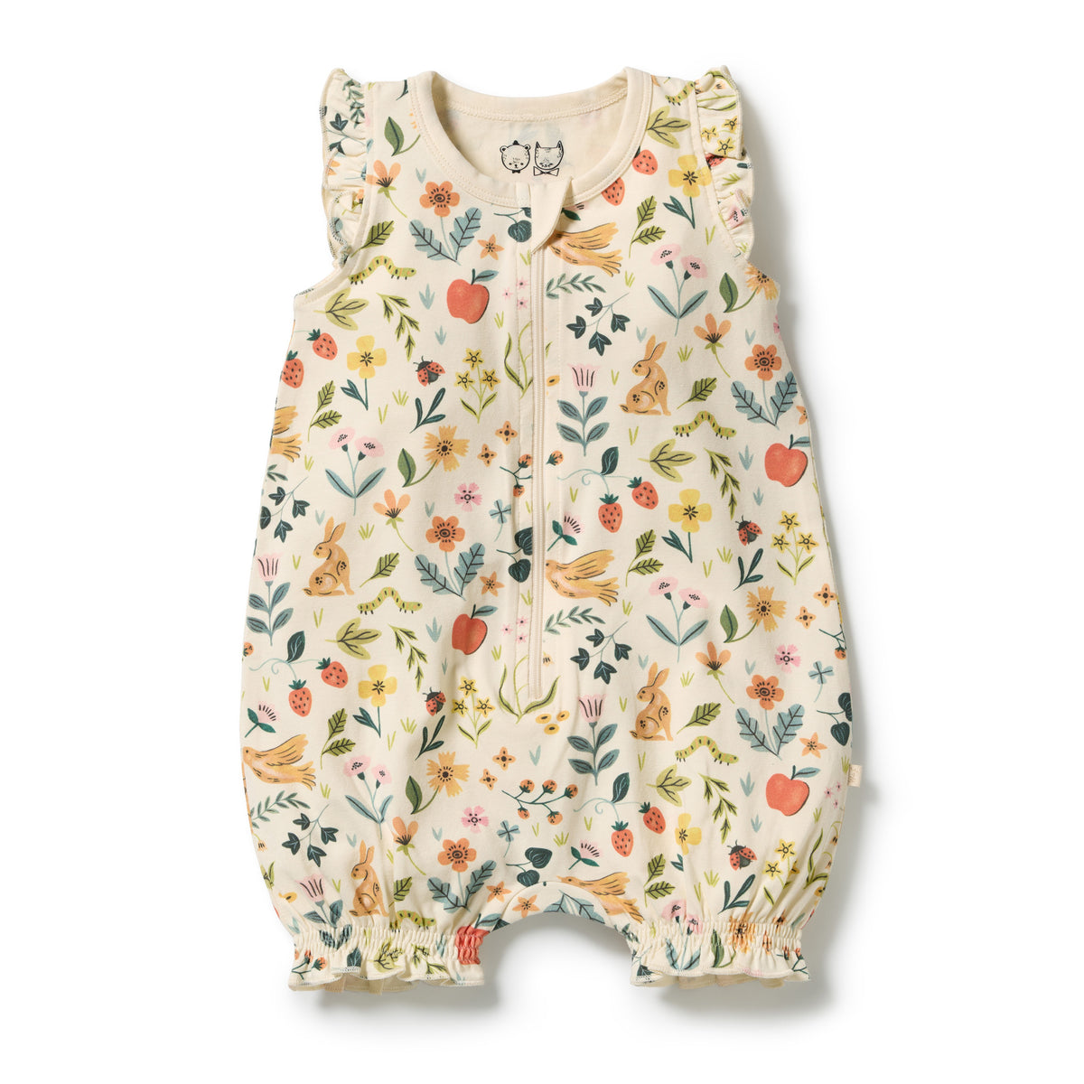 A baby sleeveless zip-up sleeper with ruffled shoulder straps and elastic leg cuffs, featuring a whimsical multicolor print of flowers, rabbits, birds, and strawberries on a cream background.