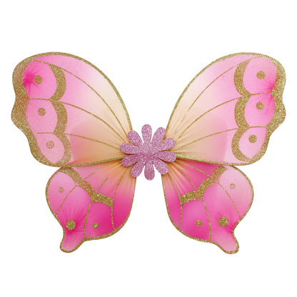 Pink butterfly wings with gold accents and a central flower on a white background