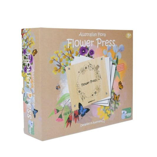 Box for Australian Flora Flower Press with illustrations of flowers and nature on a beige background