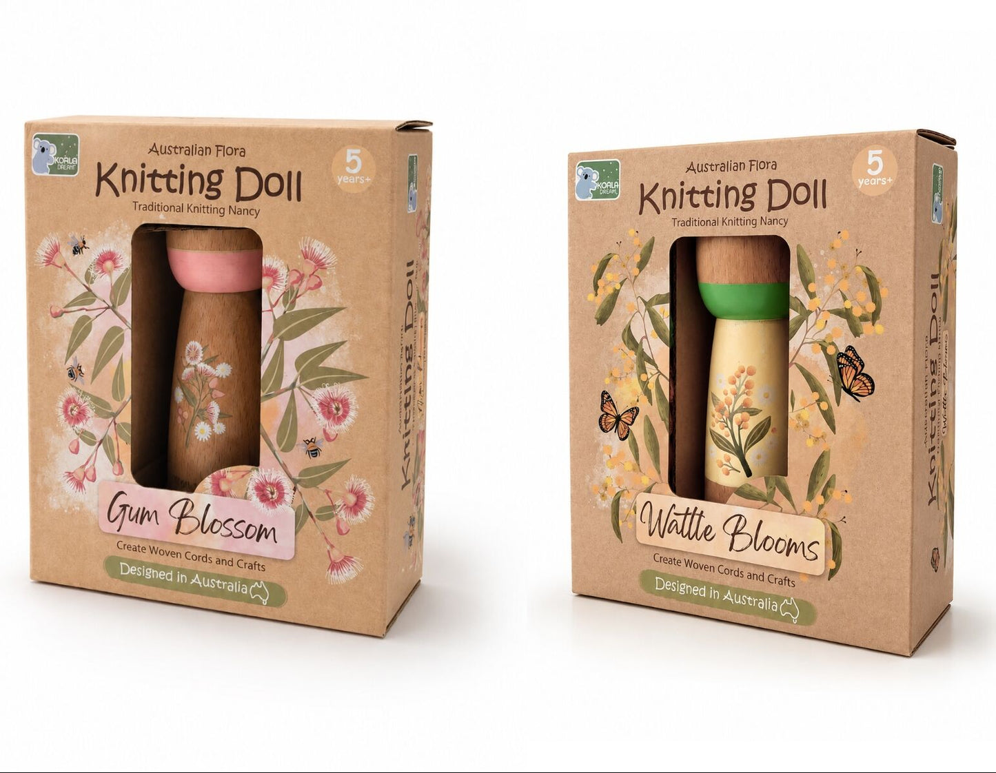 Two packaging boxes for 'Knitting Doll' dolls with floral designs and product names.