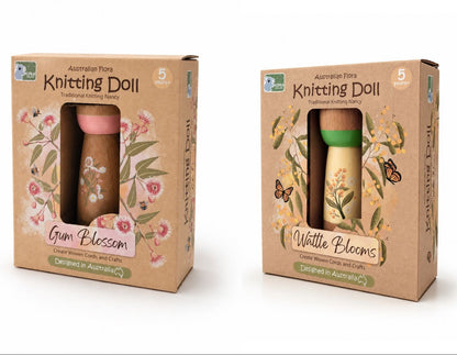 Two packaging boxes for 'Knitting Doll' dolls with floral designs and product names.
