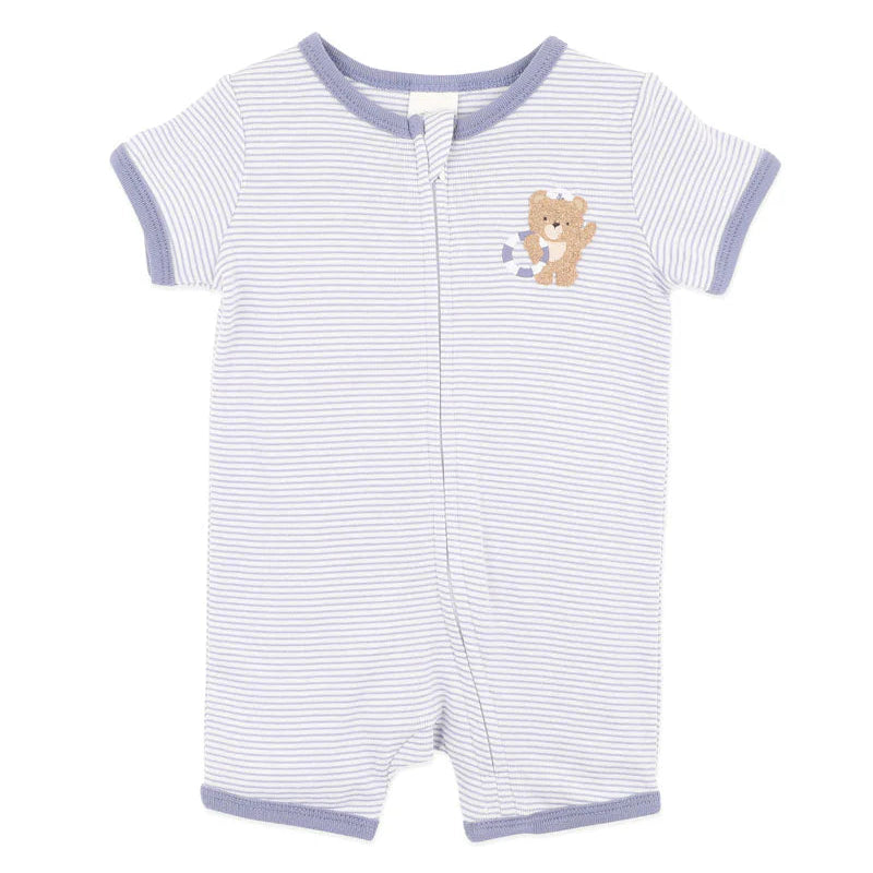 Striped baby romper with teddy bear design on a white background