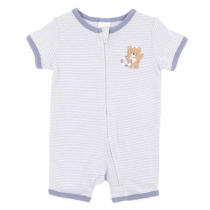 Striped baby romper with teddy bear design on a white background