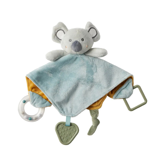 Plush toy with a blanket and pacifier clip on a light gray background
