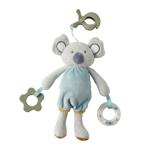 Plush toy koala with attached teether and rattle on a light gray background