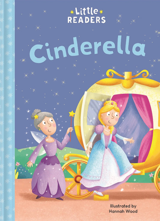 Book cover of 'Cinderella' featuring a fairy godmother and princess with a coach against a starry night sky.