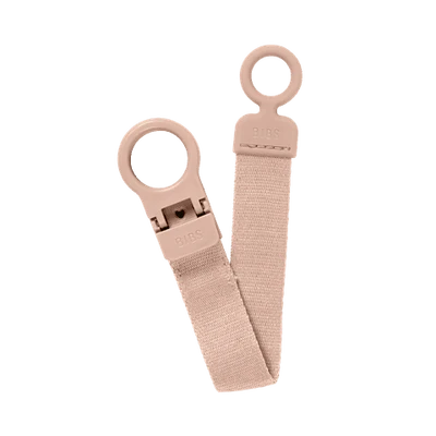 Beige baby bottle strap with clip on a white background