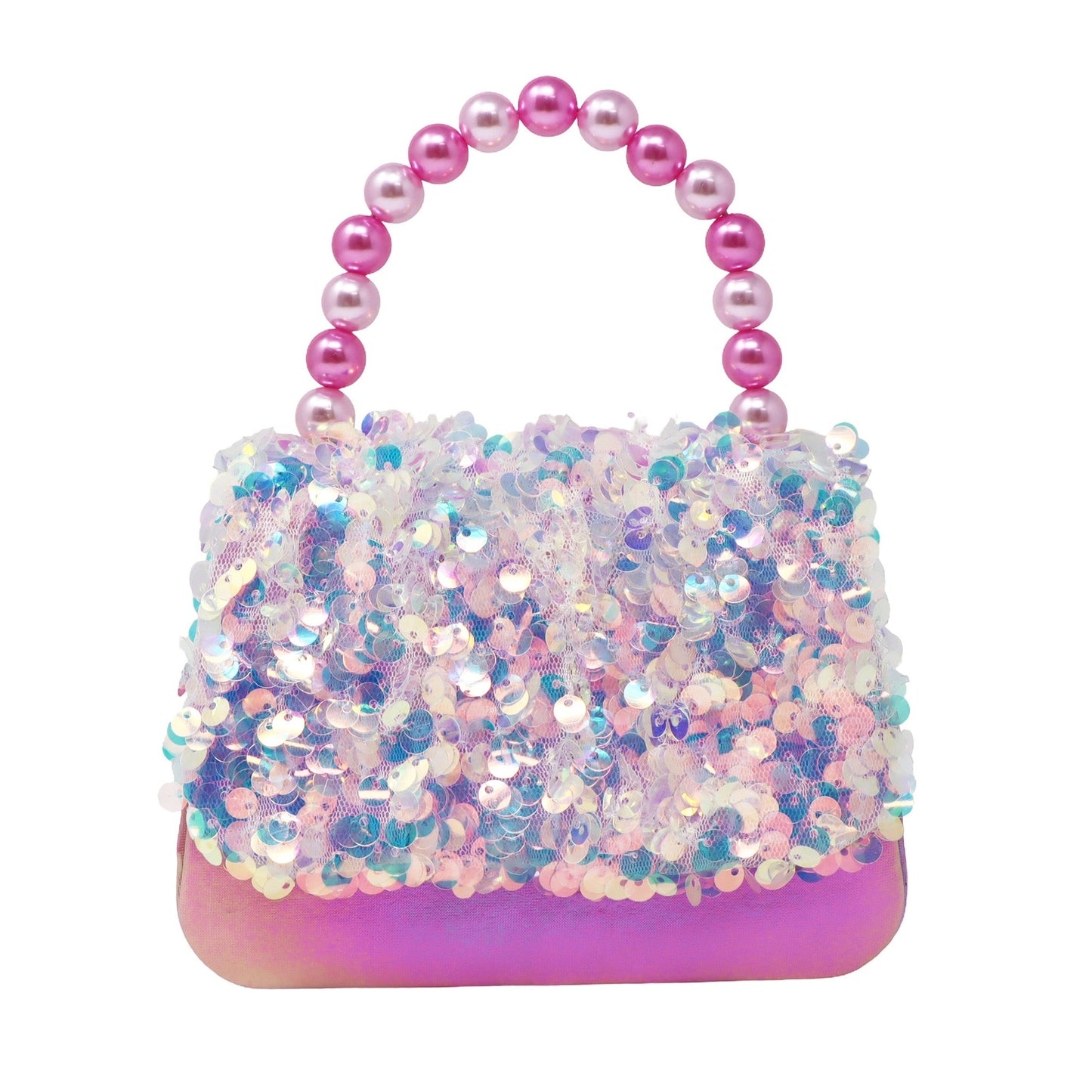 Sparkly handbag with pink beaded handle on a white background