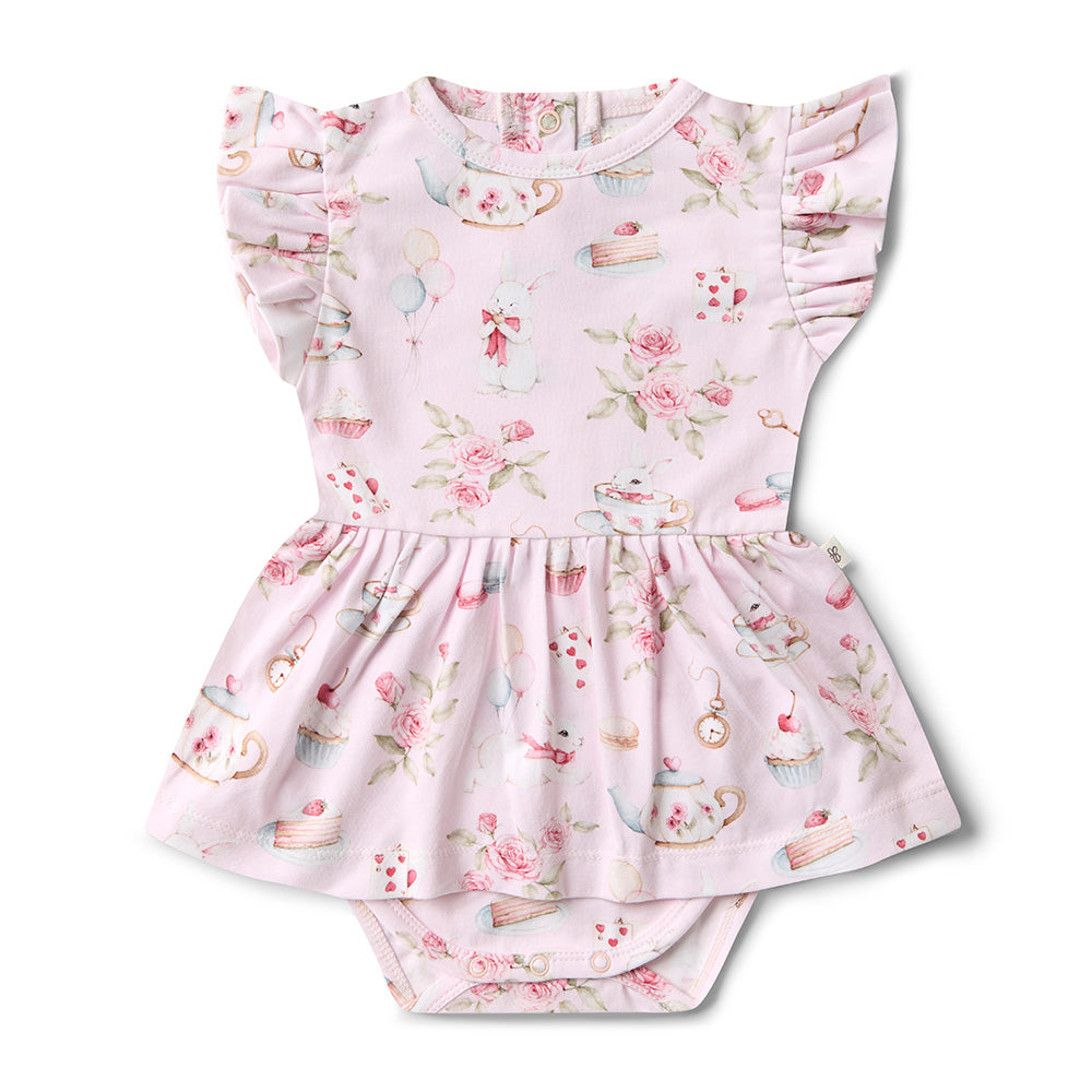 Floral-patterned baby romper on a white background