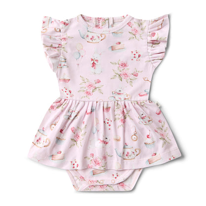 Floral-patterned baby romper on a white background