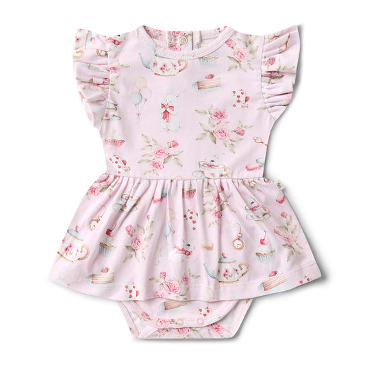 Floral-patterned baby romper on a white background