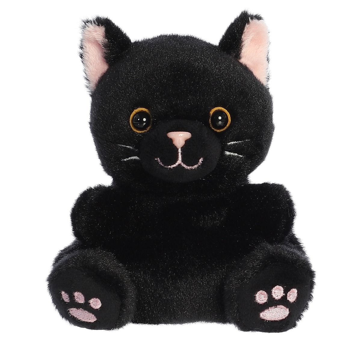 Black plush cat toy with pink paw pads on a white background