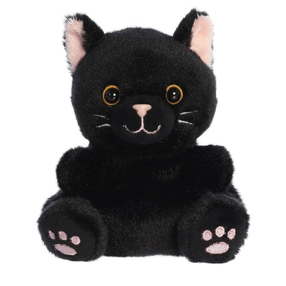 Black plush cat toy with pink paw pads on a white background
